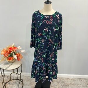 Tommy Hilfiger Navy Multi Floral Long Sleeves Ruffled Hem Midi Dress - Reemoly